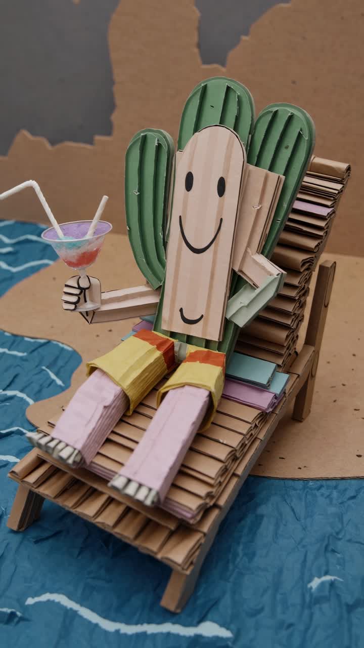 Whimsical cardboard cutout depicts a cheerful cactus character relaxing on a beach chair by the sea, holding a colorful cocktail and enjoying summer vacation