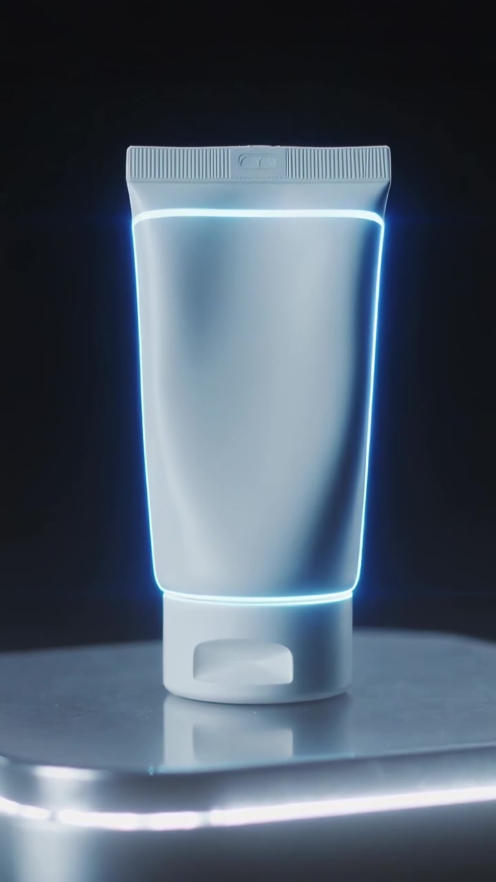 Verticale video: Pulserende neonblauwe omtrek onthult een witte tube op een glanzende standaard, met een klikdop