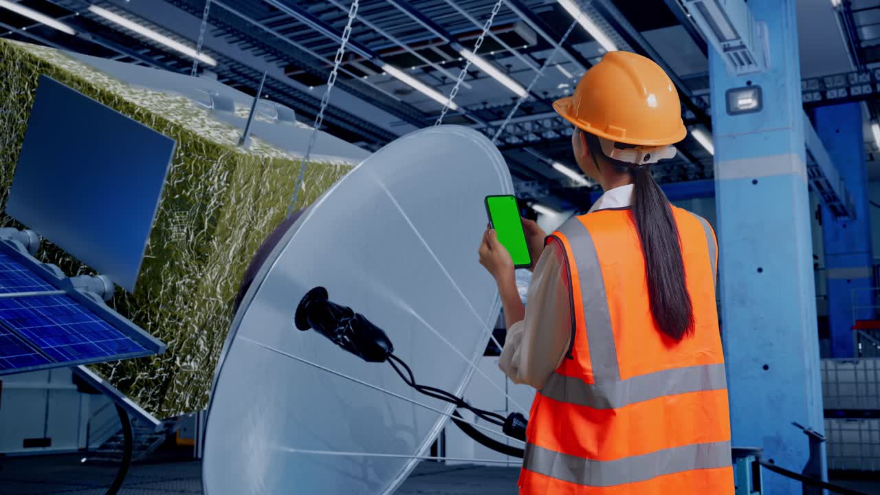 공장에서 위성 장비를 점검하는 엔지니어