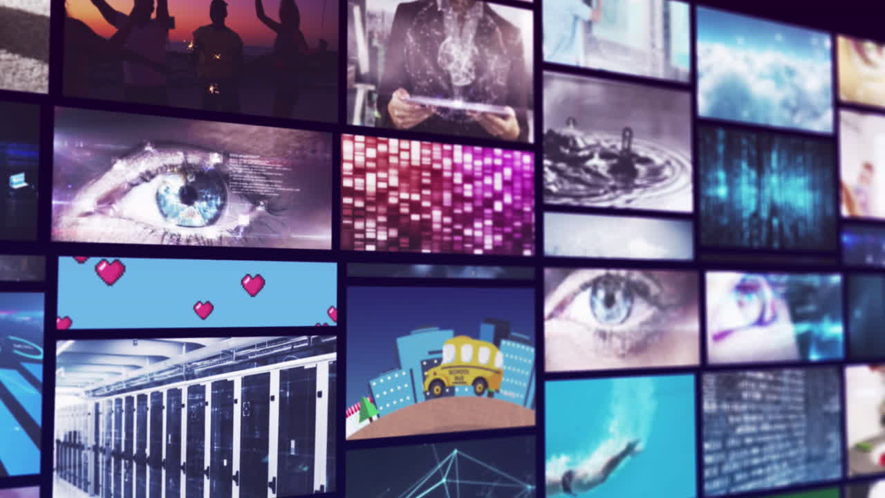 파란색 배경에 대한 데이터 처리를 가진 여러 화면의 애니메이션