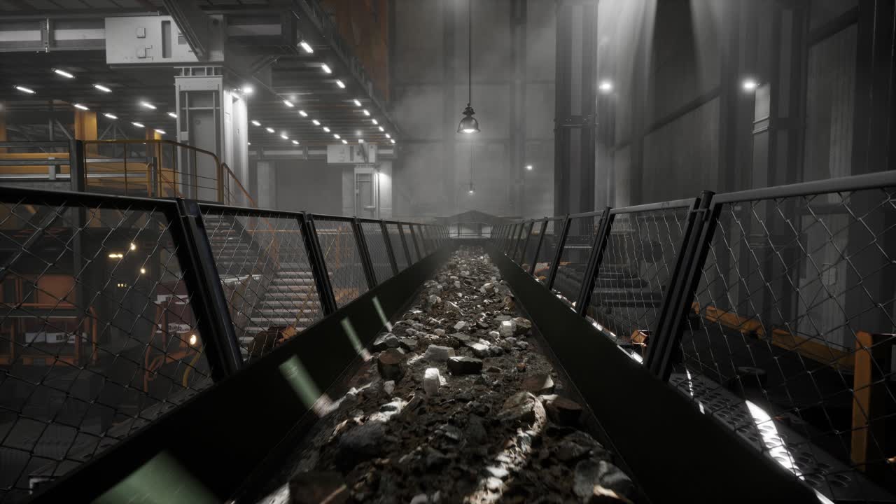 Transportation Of Copper Ore Carried Out In The Factory. Mining Industrial Conveyor At Ore Processing Factory