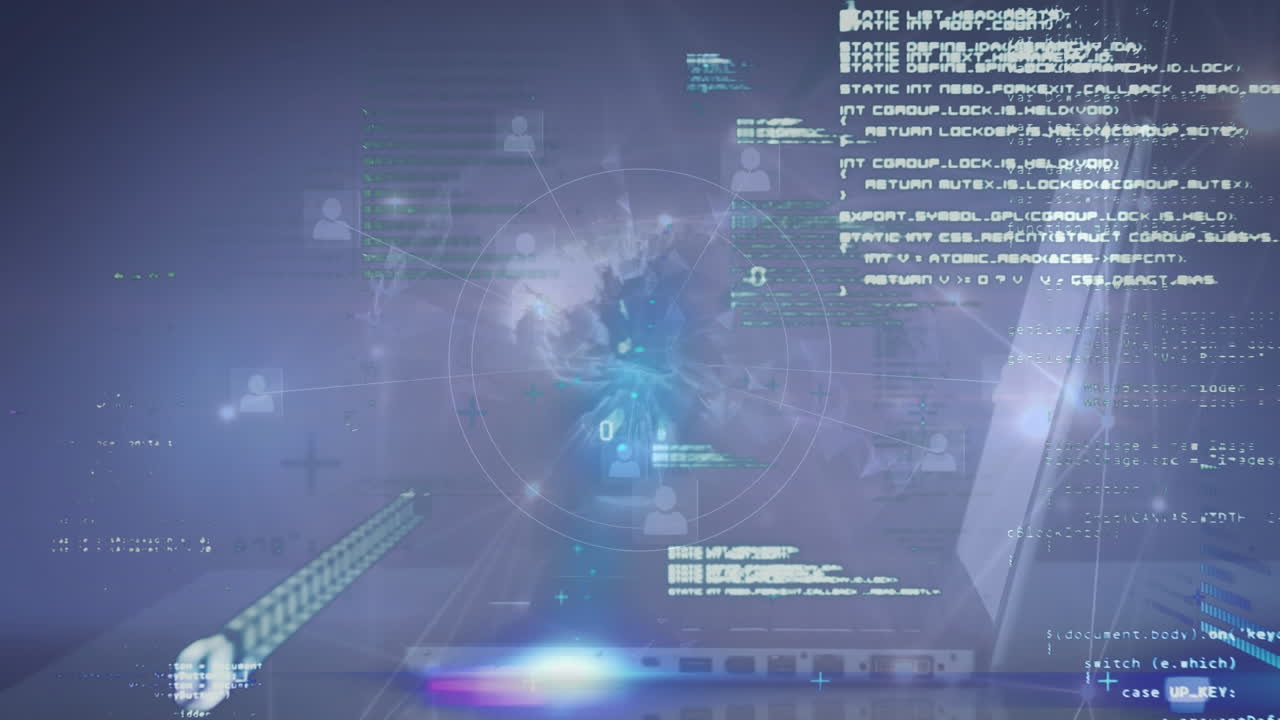 파란색 배경에 노트북으로 연결 네트워크와 데이터 처리의 애니메이션