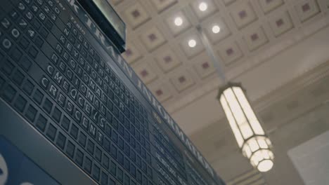 an old fashioned train station schedule ticker board flips and changes.