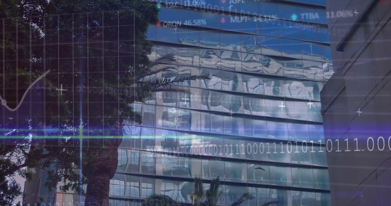 Reflekterende glasbygning modtager datafeed og viser overlays til realtids teknologiovervågning