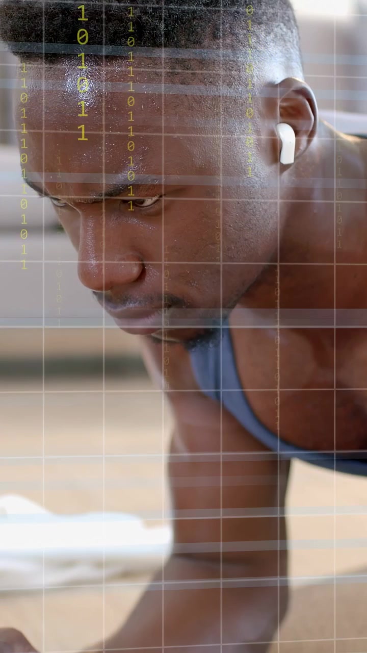 Vertical video: Man holding forearm plank, smartwatch sending data, starting fitness HUD overlays