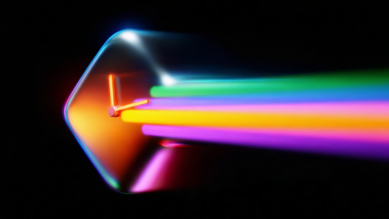 Dynamic Representation of Time: A Futuristic Clock Design Showcasing Colorful Light Trails and Speed, Symbolizing the Passage of Time in a Modern Aesthetic