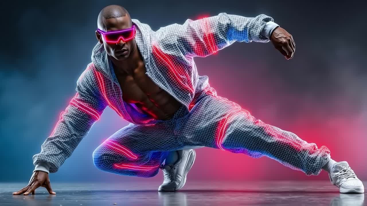 A man in a hoodie and sunglasses is dancing on a dance floor