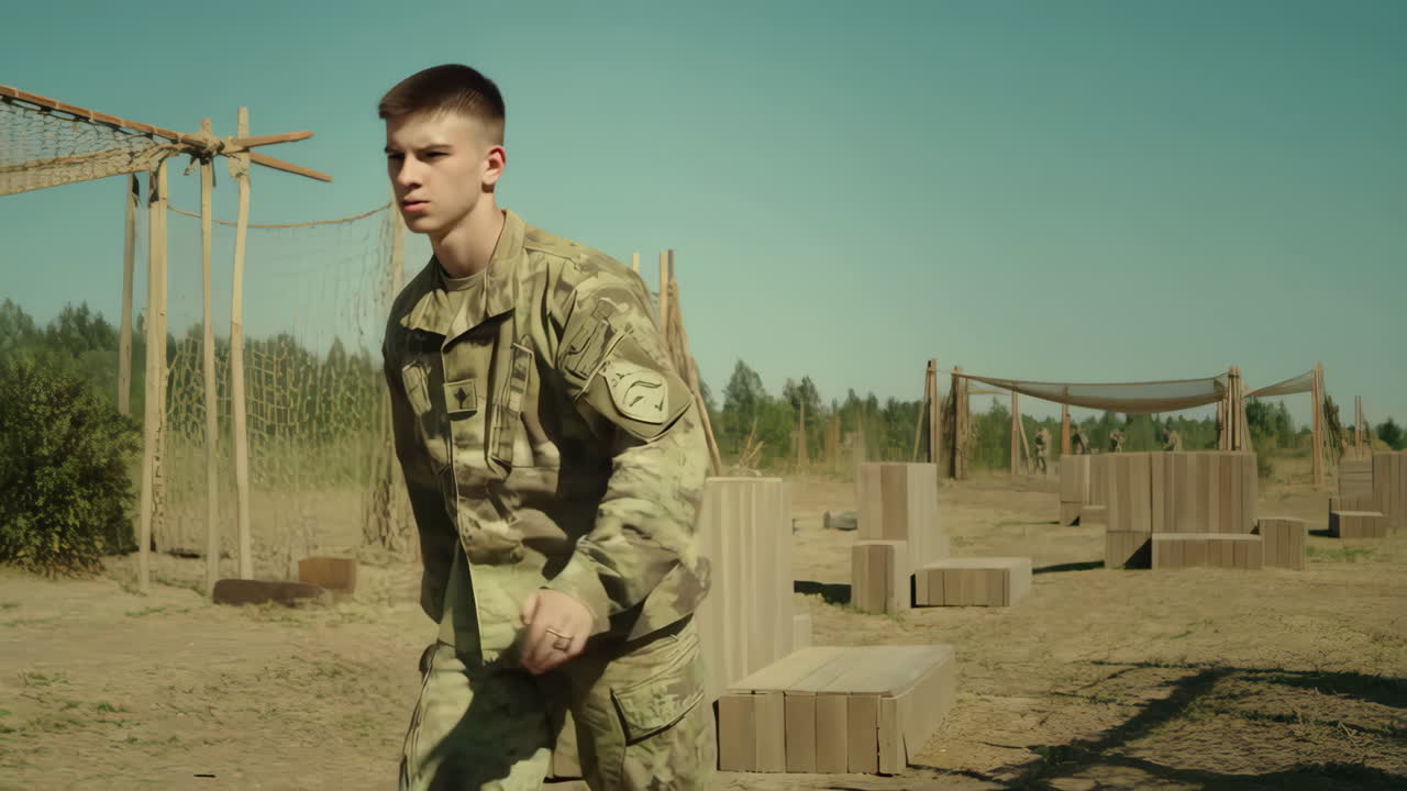 Young Soldier Navigates an Obstacle Course during Military Training