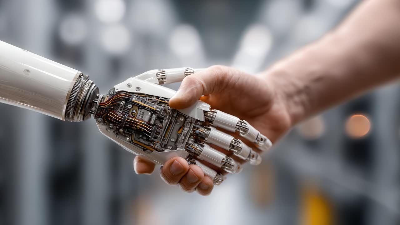 A Human Hand Shakes with a Robotic Counterpart, Symbolizing the Integration of Technology and Humanity in a Futuristic Context