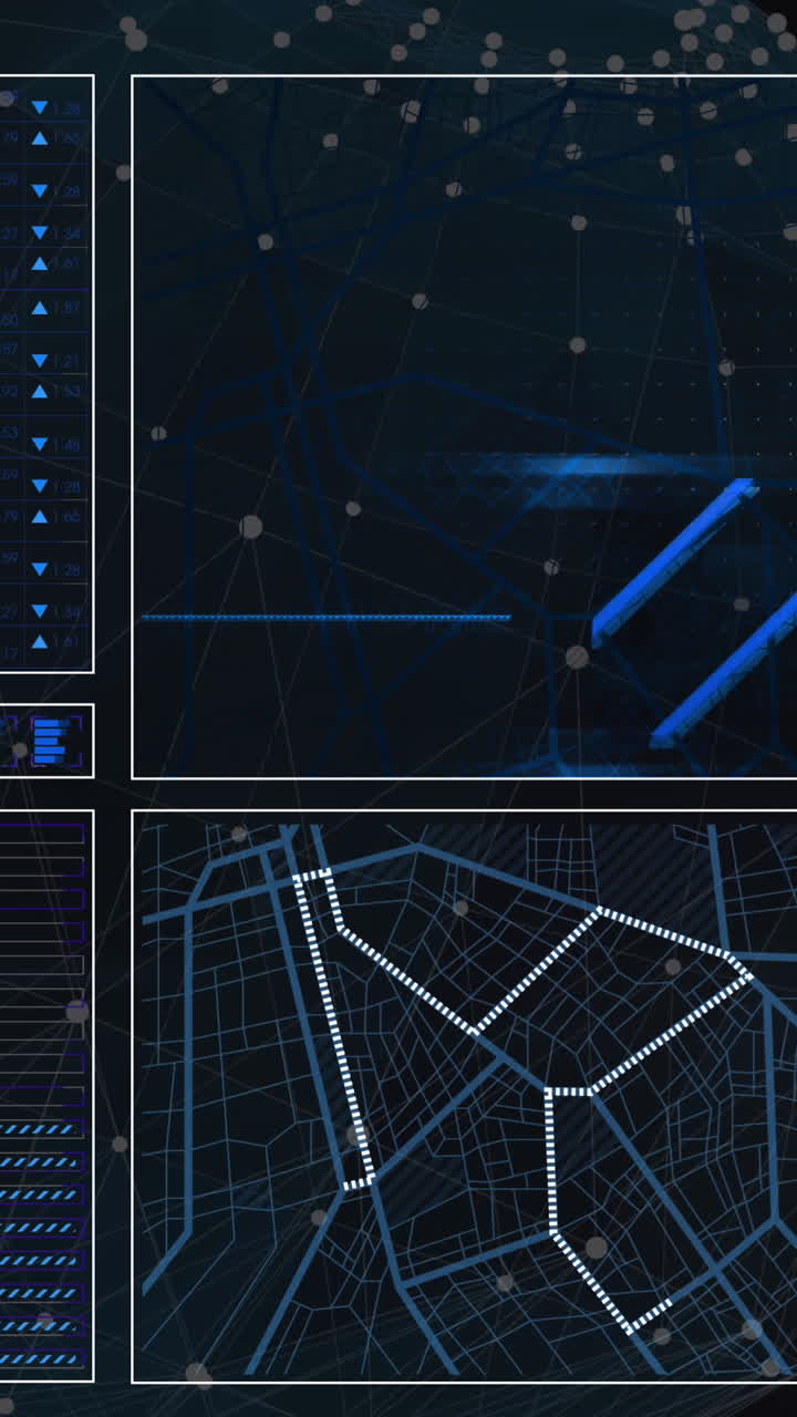 Animation of digital data processing on screen over globe of connections