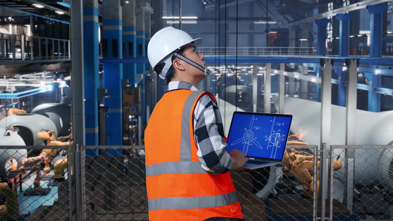 vista trasera de un ingeniero masculino asiático con casco de seguridad trabajando en una computadora portátil con un plan de turbina eólica en una fábrica de turbinas eólicas mientras el brazo robótico trabaja