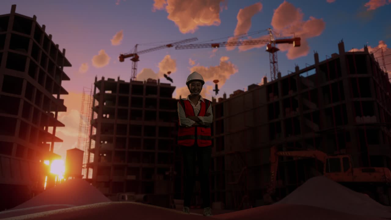 cuerpo lleno de ingeniera asiática con casco de seguridad cruzando los brazos y sonriendo a la cámara mientras está de pie en el sitio de construcción, durante la puesta o el amanecer