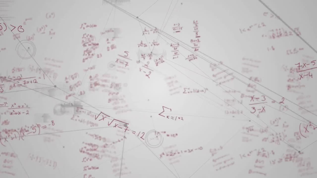 ecuaciones matemáticas y red de conexiones contra un fondo blanco