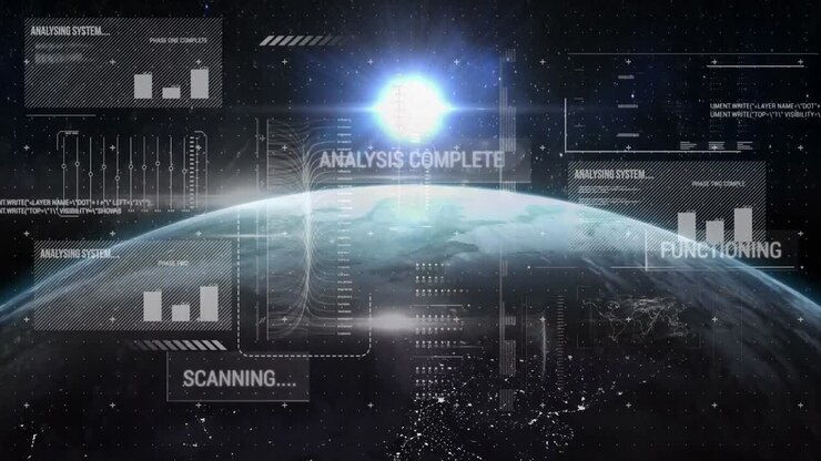 Animation of graphs, texts and computer language over rotating globe and illuminated object in space