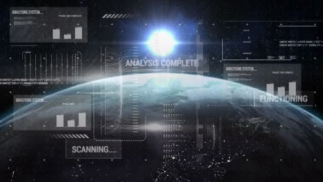 Animation-of-graphs,-texts-and-computer-language-over-rotating-globe-and-illuminated-object-in-space