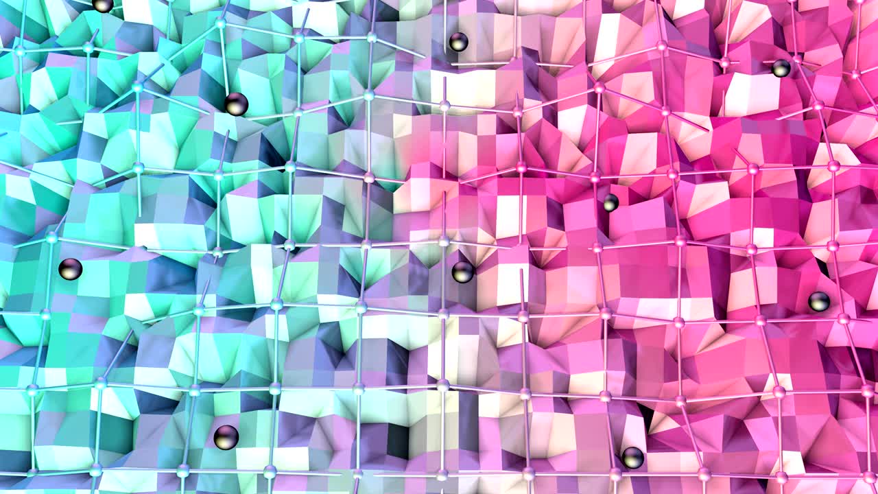 baja superficie polimétrica 3d con cuadrícula o malla voladora y esferas negras como fondo creativo. suave fondo polimétrico bajo de polígonos rojos azul puros. fondo de bucle sin costuras 4k fullhd