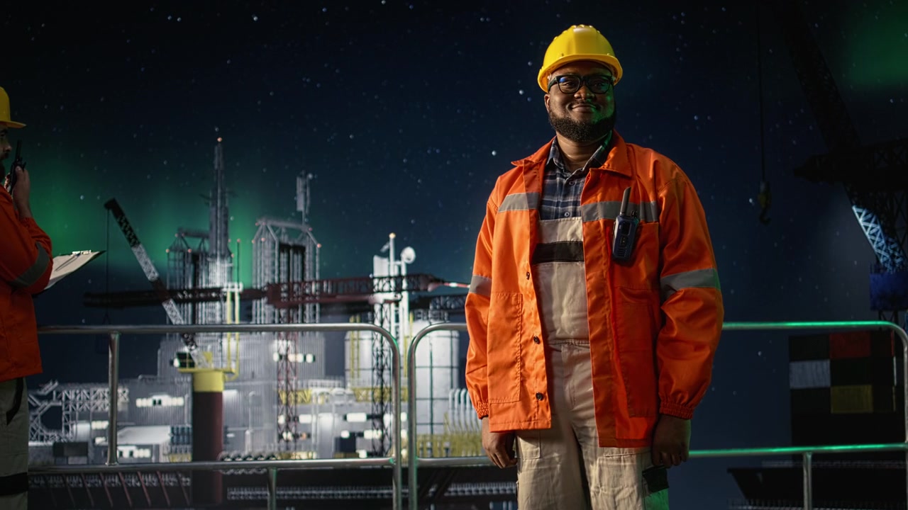 Smiling man on offshore platform pleased after overcoming oil crisis