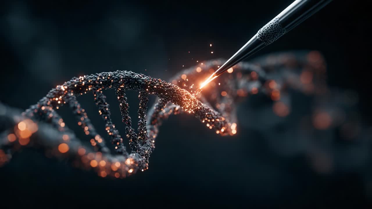 Manipolazione complessa del DNA: esplorazione ravvicinata dell'editing genetico e della biologia molecolare in azione, che evidenzia precisione e innovazione nella ricerca scientifica