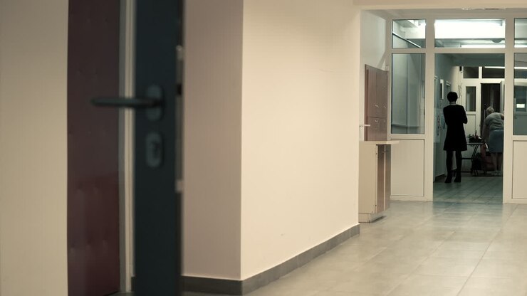 Cleaning assistant and women hand disinfectant at the end of the corridor
