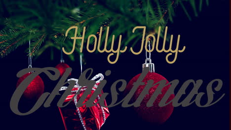 animation of holly jolly christmas text banner against hanging baubles and gifts on a branch