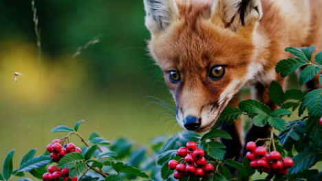 close-up of a young fox among red berries