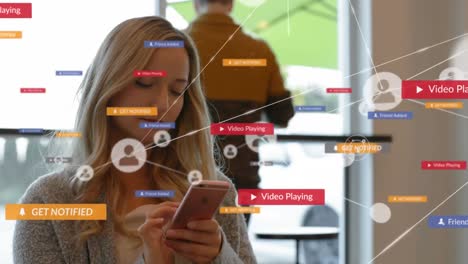 Animación-De-Red-De-Conexión-Con-íconos-Sobre-Mujer-Usando-Teléfono-Inteligente