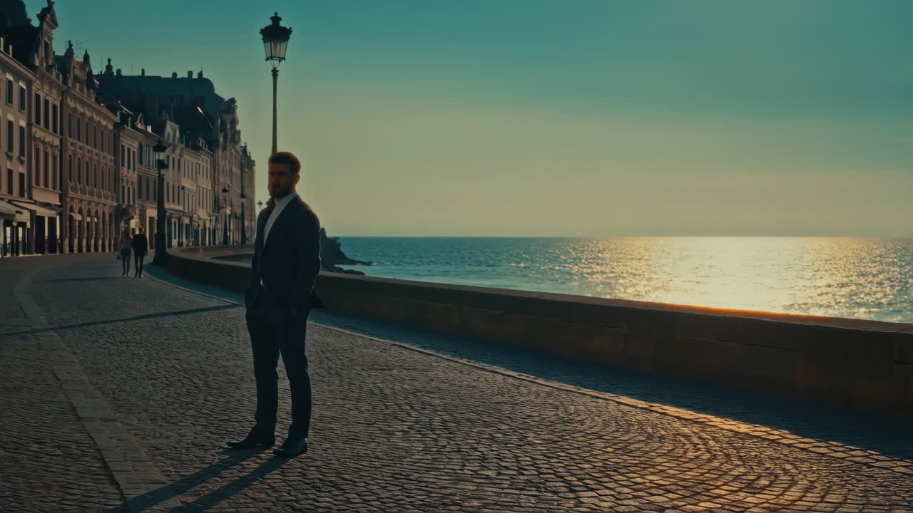 Elegant Man in Suit on Cobblestone Waterfront at Sunset