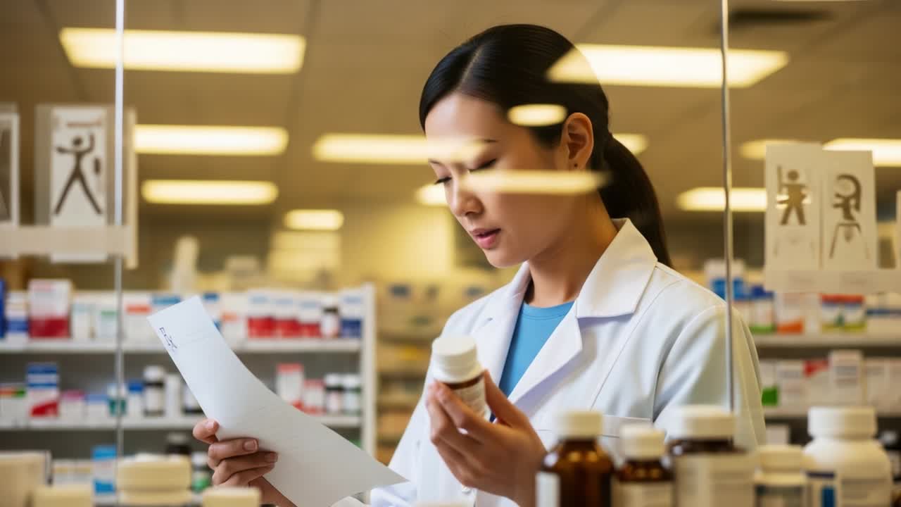 A pharmacist diligently reviews a prescription while examining medication bottles, showcasing the meticulous nature of pharmaceutical care and the commitment to patient safety and health standards