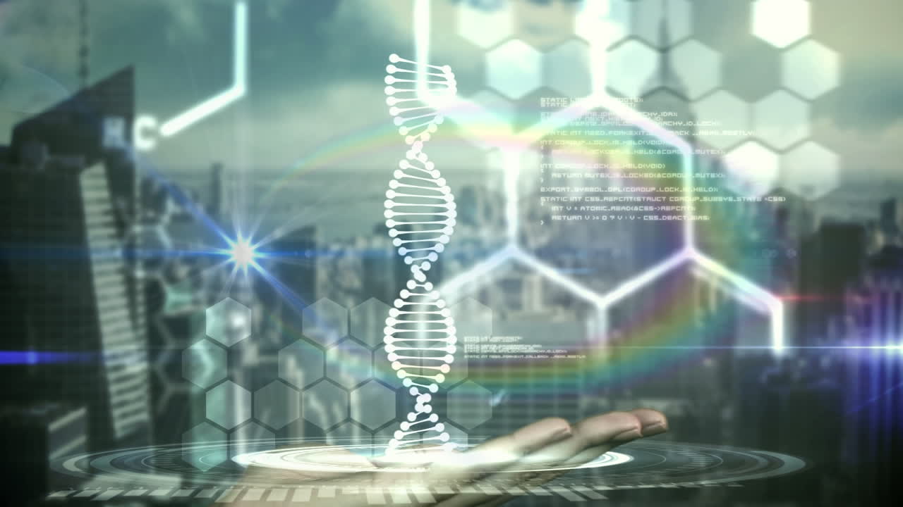 Animation of chemical and dna structure spinning over a hand against aerial view of cityscape