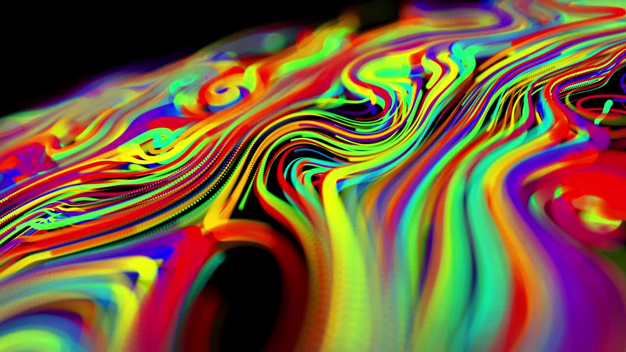 el flujo de partículas forma líneas rizadas como rastros de brillo de diferentes colores, las líneas forman un patrón giratorio como ruido de rizado. abstracto 3d bucle de flujo de animación como fondo festivo creativo brillante