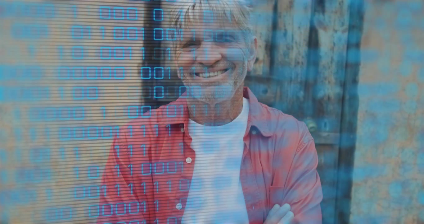 Man rolling up right sleeve against wood and metal panels in tech scene, revealing binary overlay