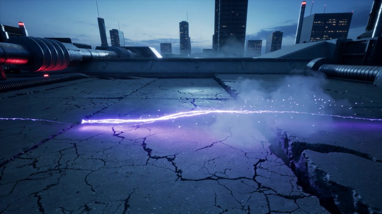 Starting from glowing units, purple energy arc racing across concrete roof at dusk, deepening crack