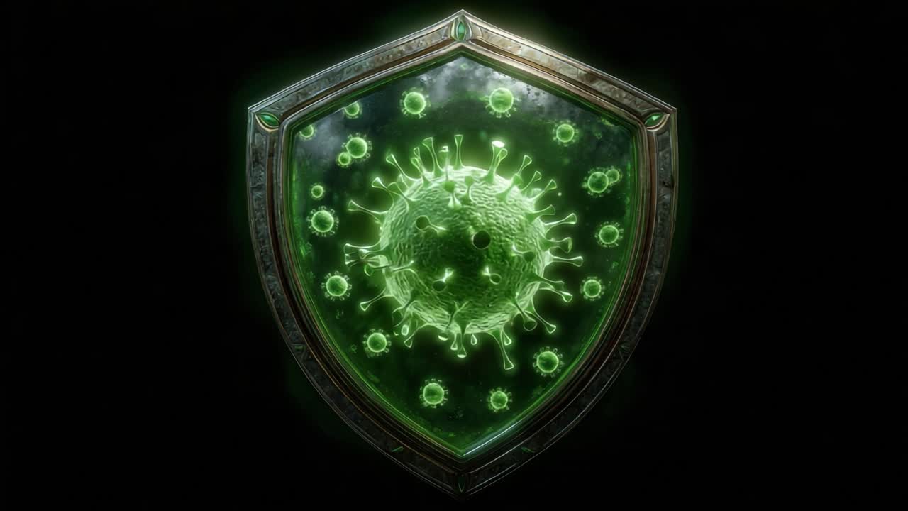 A Glowing Green Shield Enveloping a Virus Illustration: A Symbol of Protection Against Pathogens in a Digital Realm