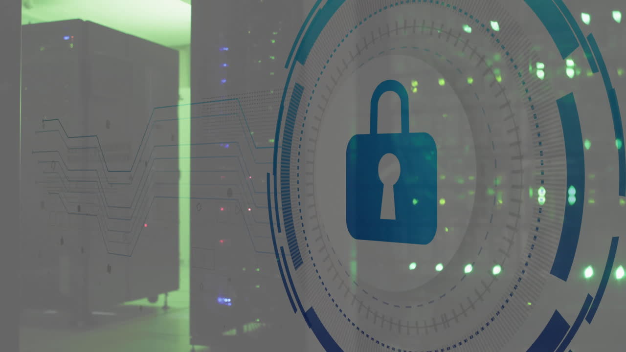 animación de escaneo de alcance con icono de candado sobre la sala del servidor