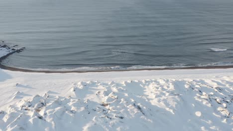 iceland dunes covered in snow on shore of sandvik beach, aerial