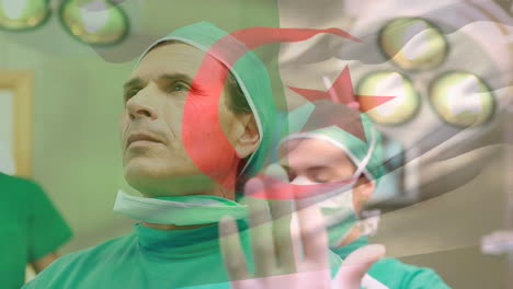 animación de la bandera de argelia sobre médicos caucásicos con máscaras faciales