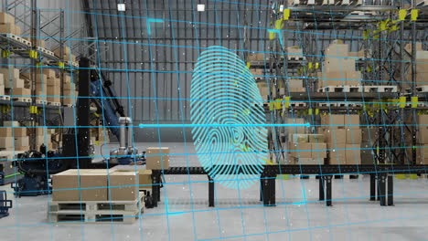 Animation of biometric fingerpint and data processing over warehouse