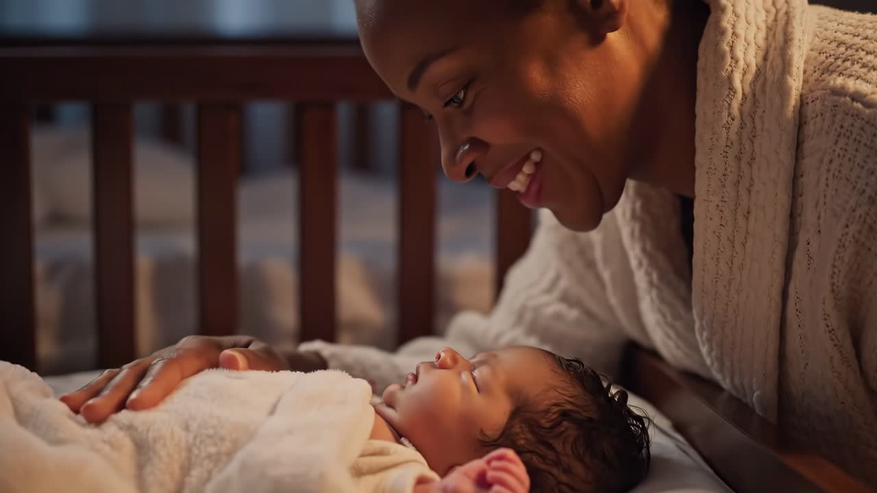 woman smiling while leaning over baby crib