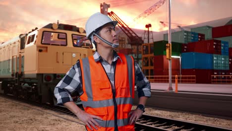 engineer at port facility with train and containers