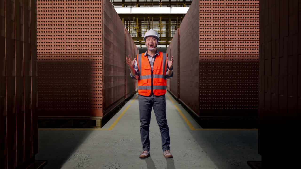 Full Body Of Asian Male Engineer With Safety Helmet Smiling To Camera And Saying Wow While Standing With Red Brick Packed in Stacks Are Stored