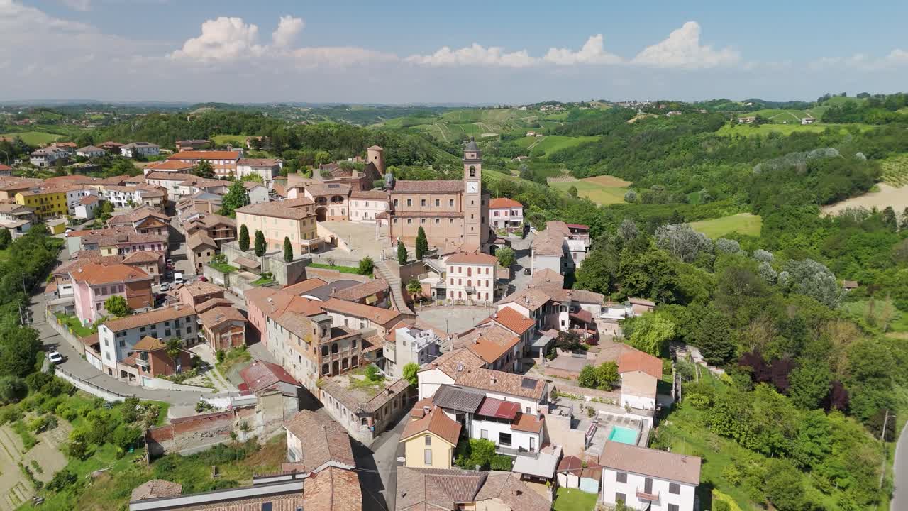 Castelnuovo Calcea, Monferrato region, Asti, Piedmont, Italy. 4k aerial view of the city. Langhe-Roero and Monferrato. Circling 360 above the city.