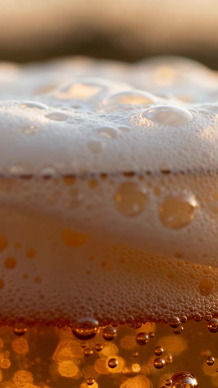 Video verticale: Effervescenza di birra ambrata in un bicchiere in un pub, con bollicine che salgono e schiuma che si sposta.