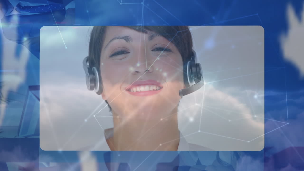 컴퓨터와 전화 헤드 ⁇ 과 연결 네트워크를 사용하는 사업가들의 세계관의 애니메이션