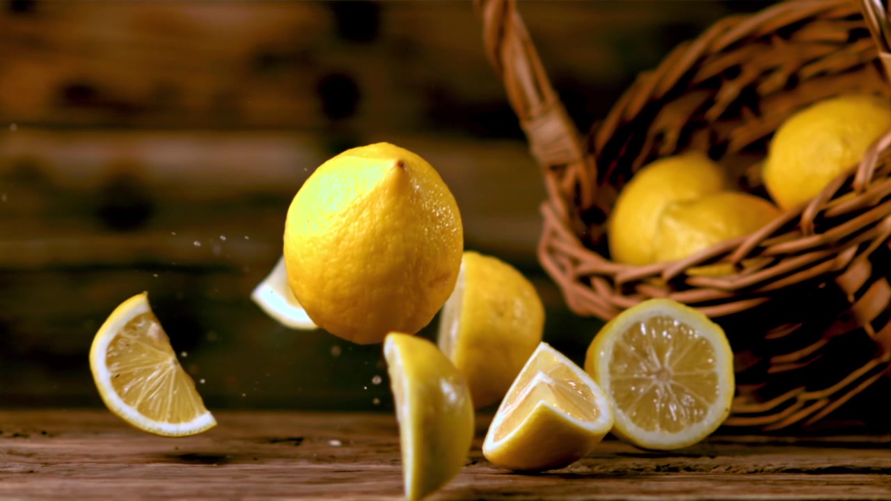 Limoni freschi che fuoriescono da un cesto di vimini al rallentatore