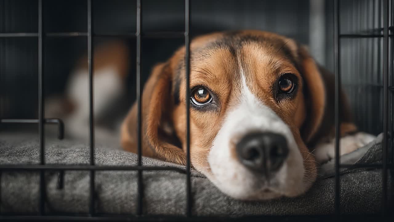 A Beagle's Pensive Gaze from Behind Bars: Capturing the Essence of Loyalty and Sadness in a Dog's Eyes While Resting in a Cage