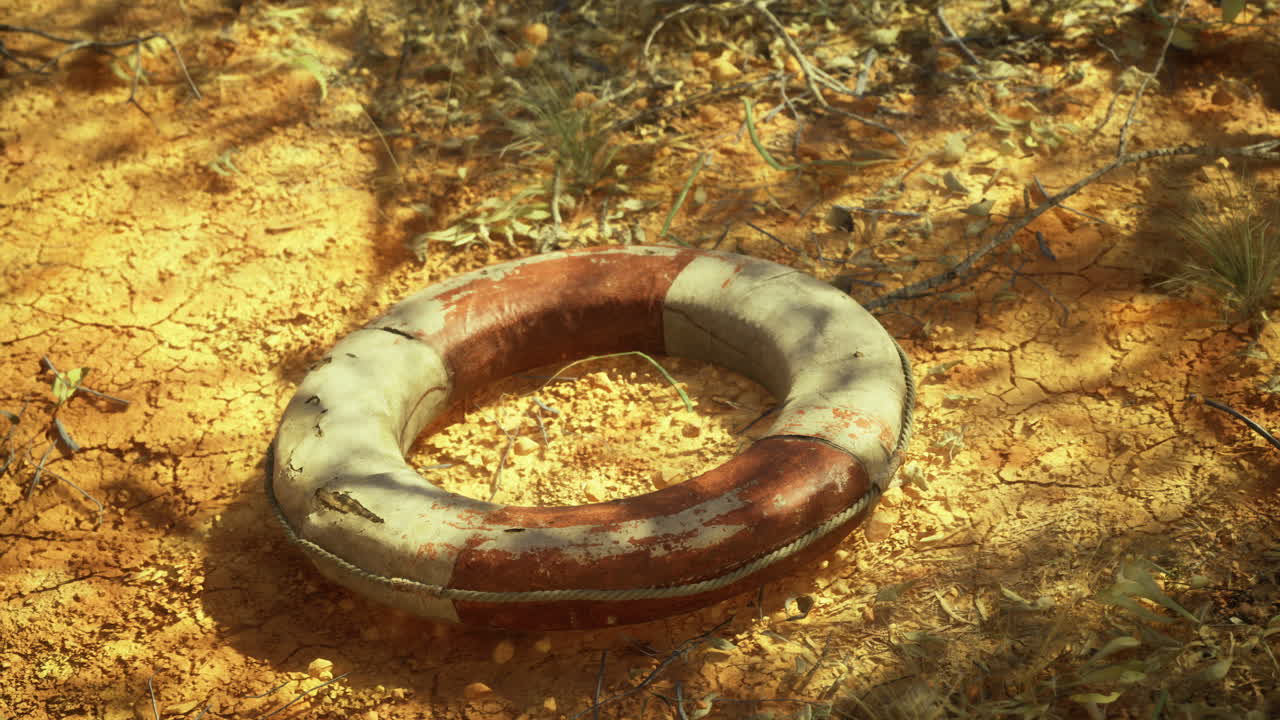 Lifebuoy abandoned in a dusty landscape shows signs of age and neglect