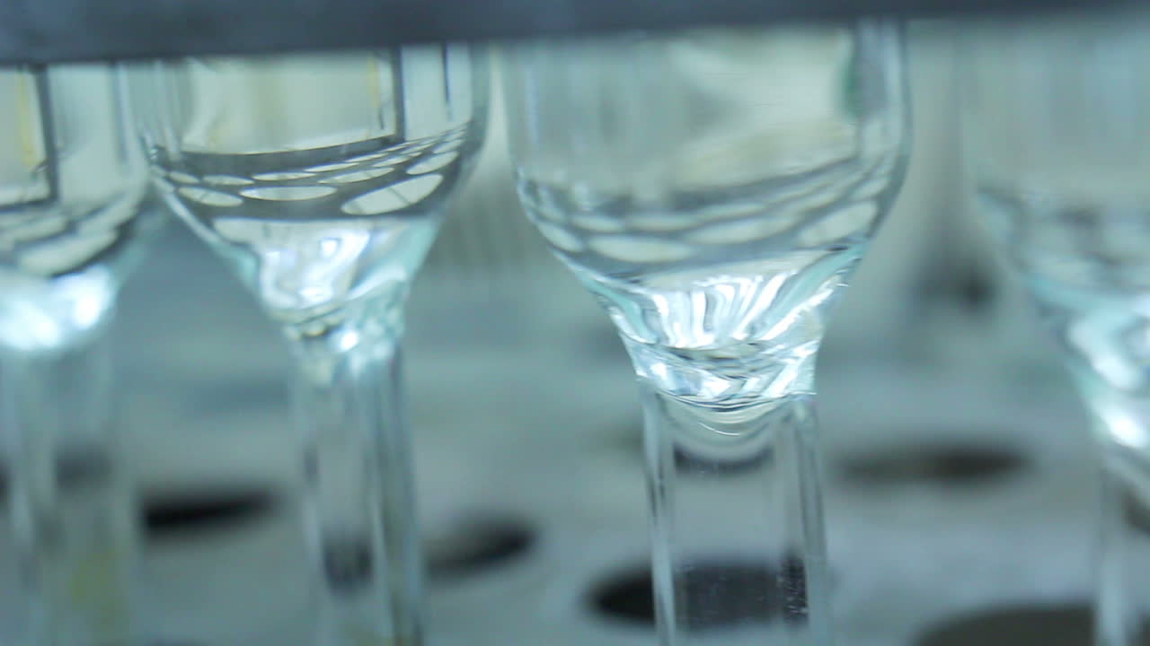 Matraces de vidrio en laboratorio médico. Primer plano. Matraces químicos transparentes