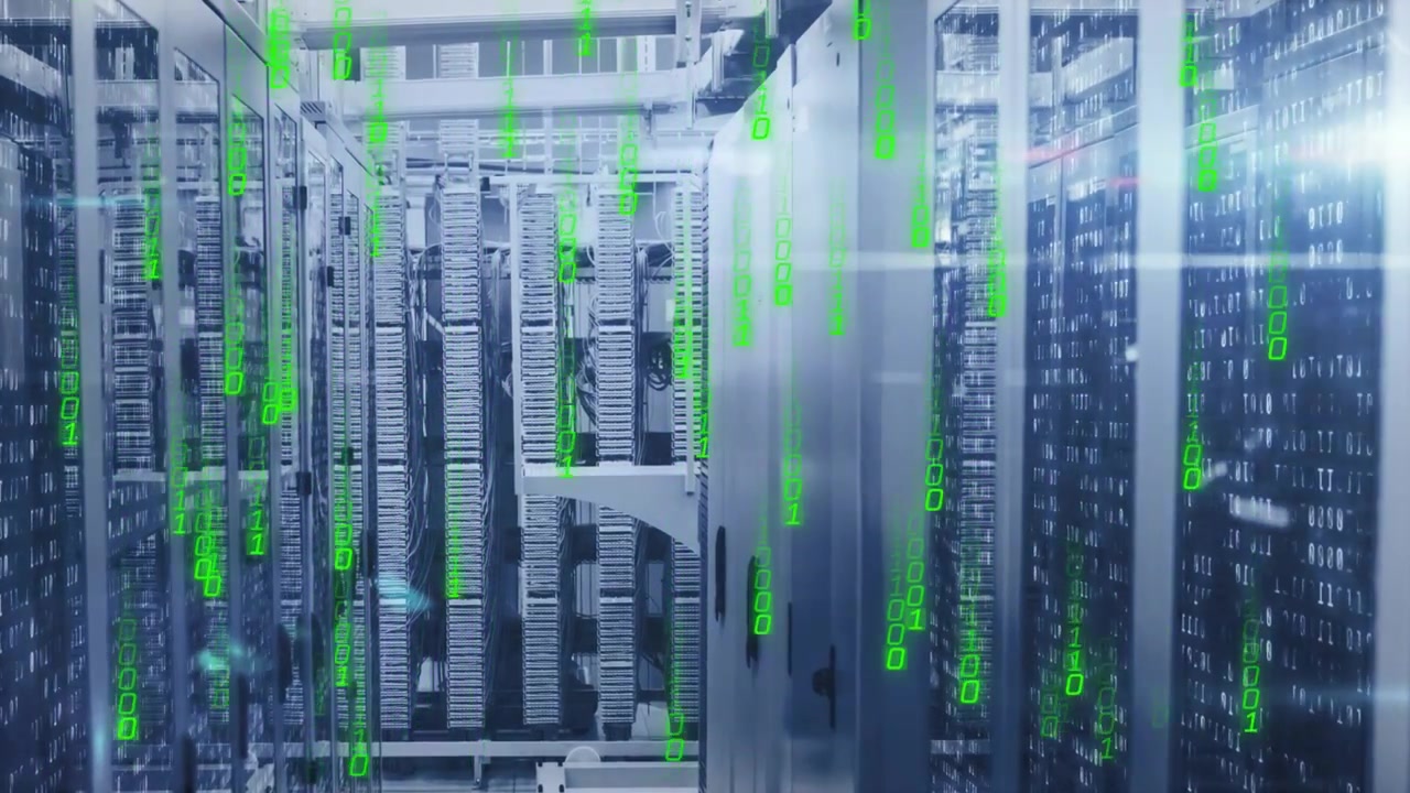 Server corridor on network pulse, showing falling green code overlay covering racks for data flow