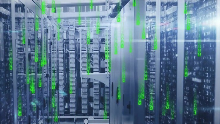 Server corridor on network pulse, showing falling green code overlay covering racks for data flow