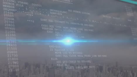 animación de números y procesamiento de datos sobre el paisaje urbano
